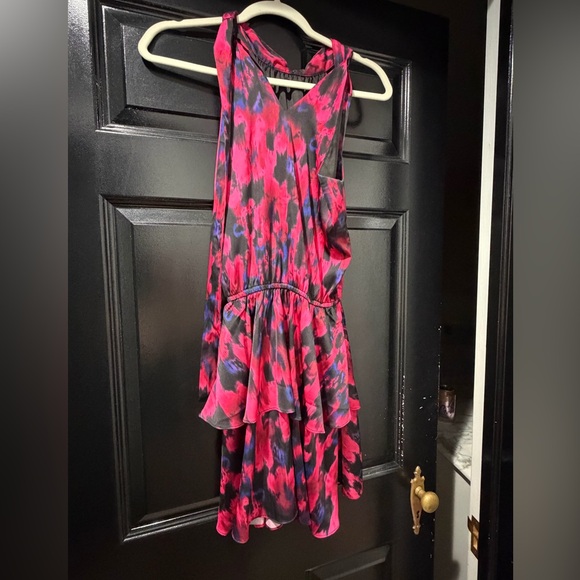 NWOT: Socialite Tiered Halter Satin Vibrant Pink and Black Mini Dress - Picture 5 of 5